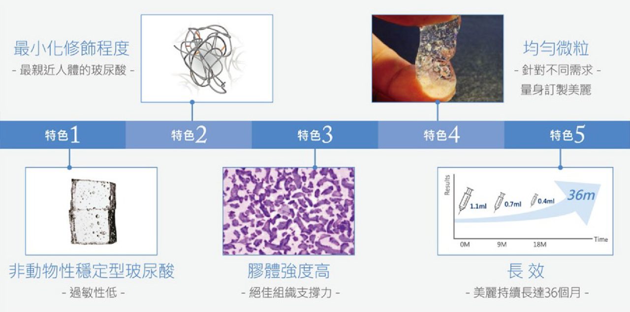 Restylane瑞絲朗玻尿酸五大產品特色 - 包含微修飾、非動物性、膠體強度高、均勻微粒與長效維持36個月