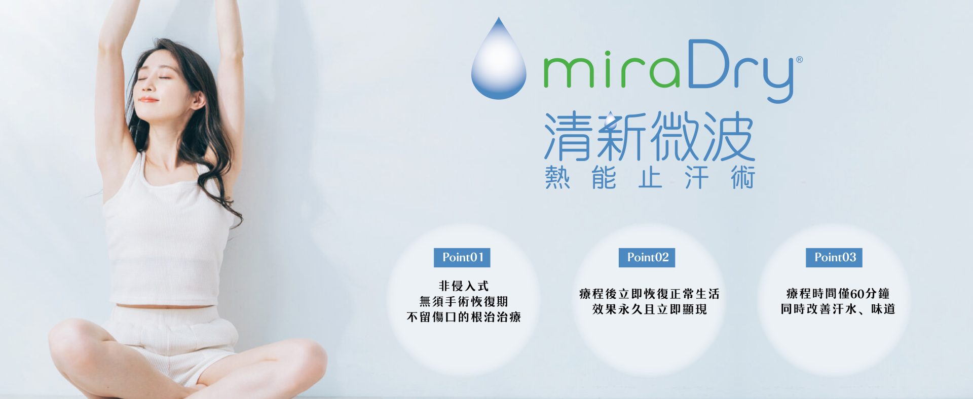 MiraDry 清新微波熱能止汗術腋下乾爽，非侵入式、永久效果、60分鐘療程