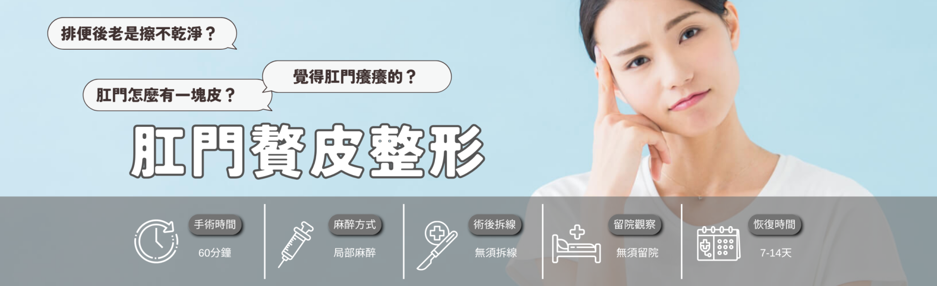 肛門贅皮整形手術是切除肛門周圍多餘的皮膚組織，改善清潔不易、搔癢或外觀不佳的問題，讓肛門恢復平整。