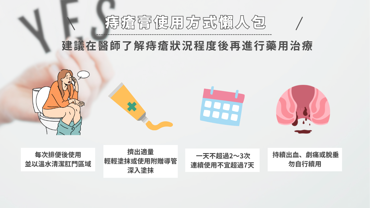 痔瘡膏使用方式懶人包:每次排便後清潔,並了解用量與使用天數,醫師建議先評估再用藥。