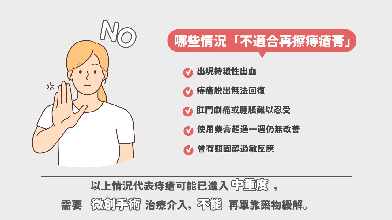 哪些情況不適合再擦痔瘡膏?出現持續出血、脫垂、劇痛等症狀時,可能需要微創手術介入。