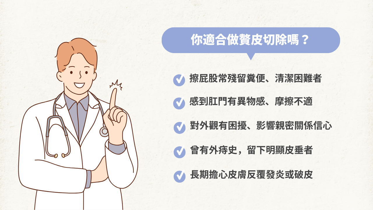 說明適合進行【肛門贅皮切除】的族群，例如因清潔困難、異物感、外觀困擾或曾有外痔史的患者。