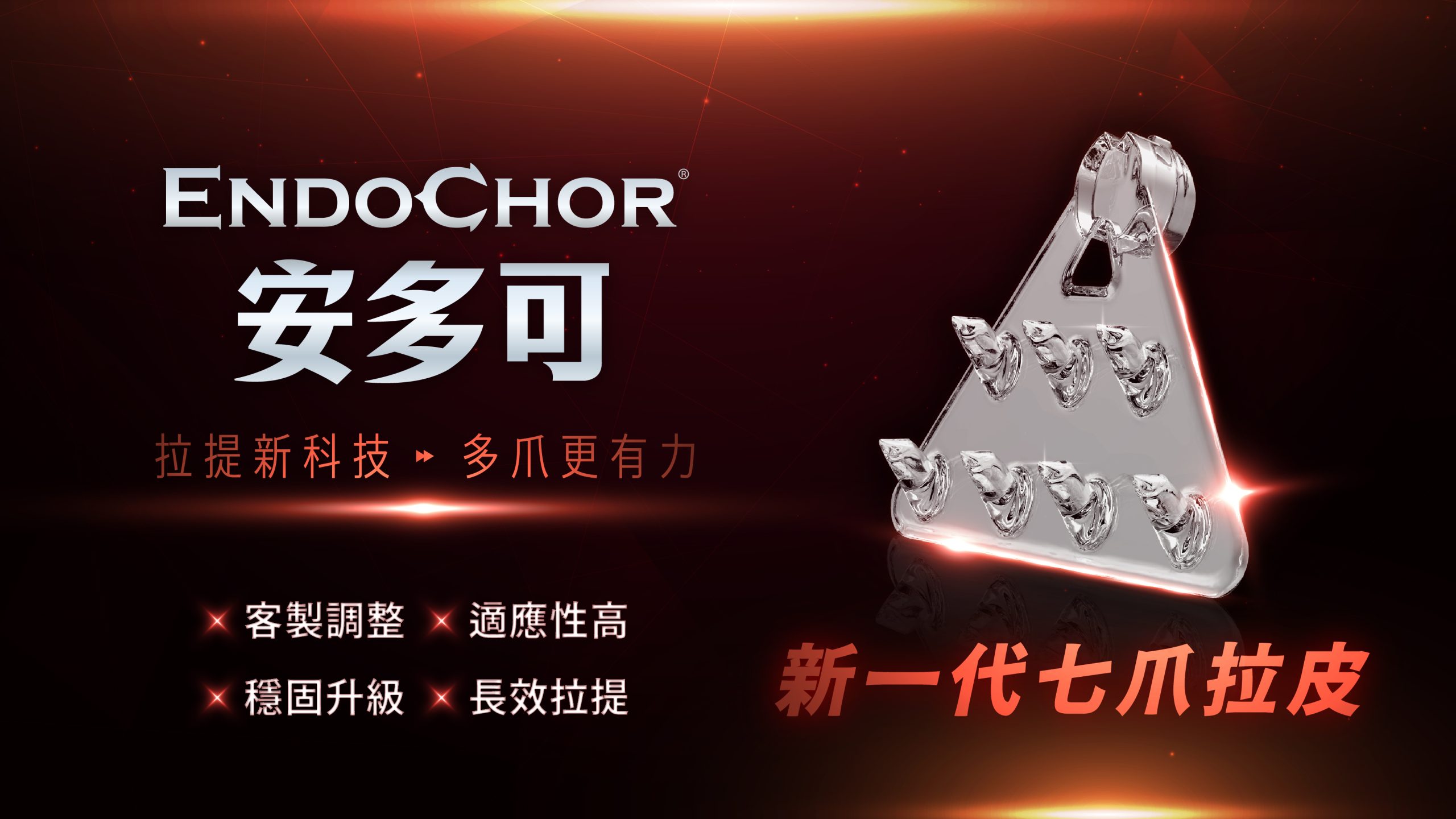 EndoChor安多可拉提新科技,新一代七爪拉皮固定器,強調其多爪設計帶來的穩固升級與長效拉提效果。