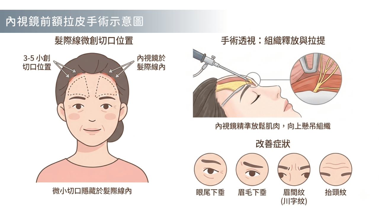 內視鏡前額拉皮手術原理圖，顯示皺眉肌放鬆與組織提拉方向