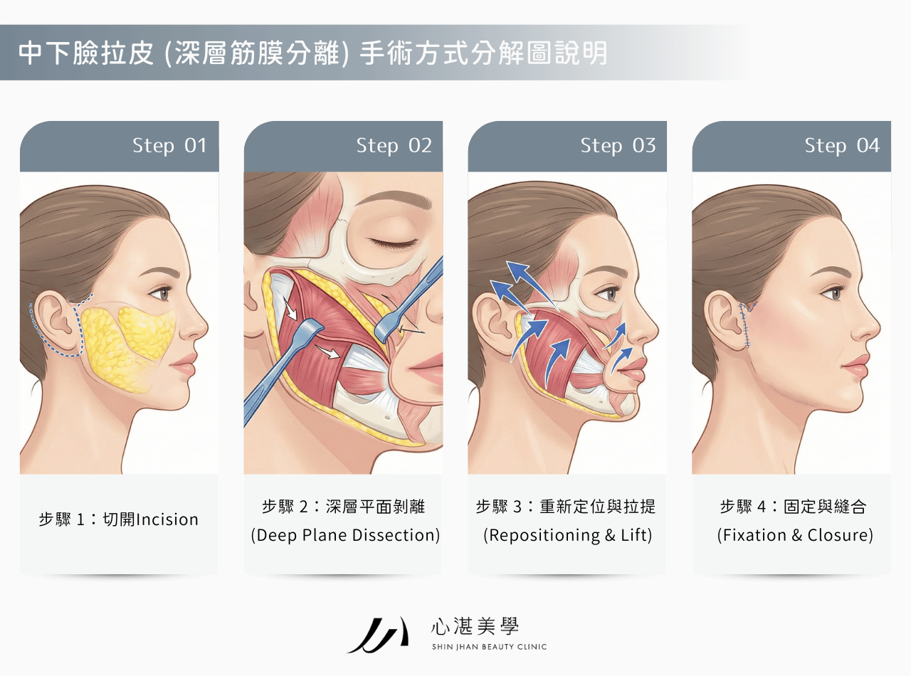 中下臉拉皮 (深層筋膜分離) 手術方式分解圖說明