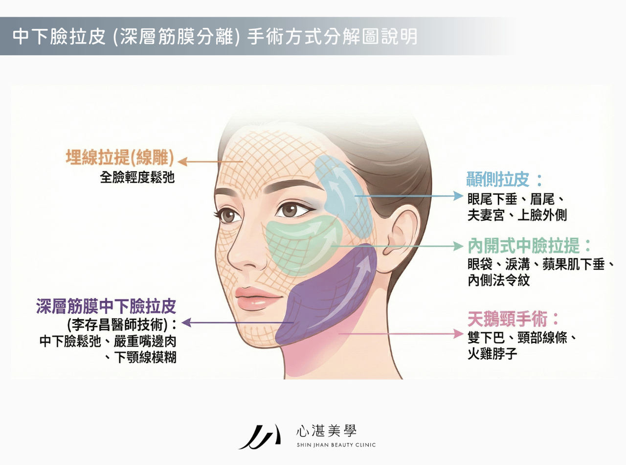 顳側拉皮、內開中臉拉提與中下臉拉皮的手術範圍與切口位置示意圖。
