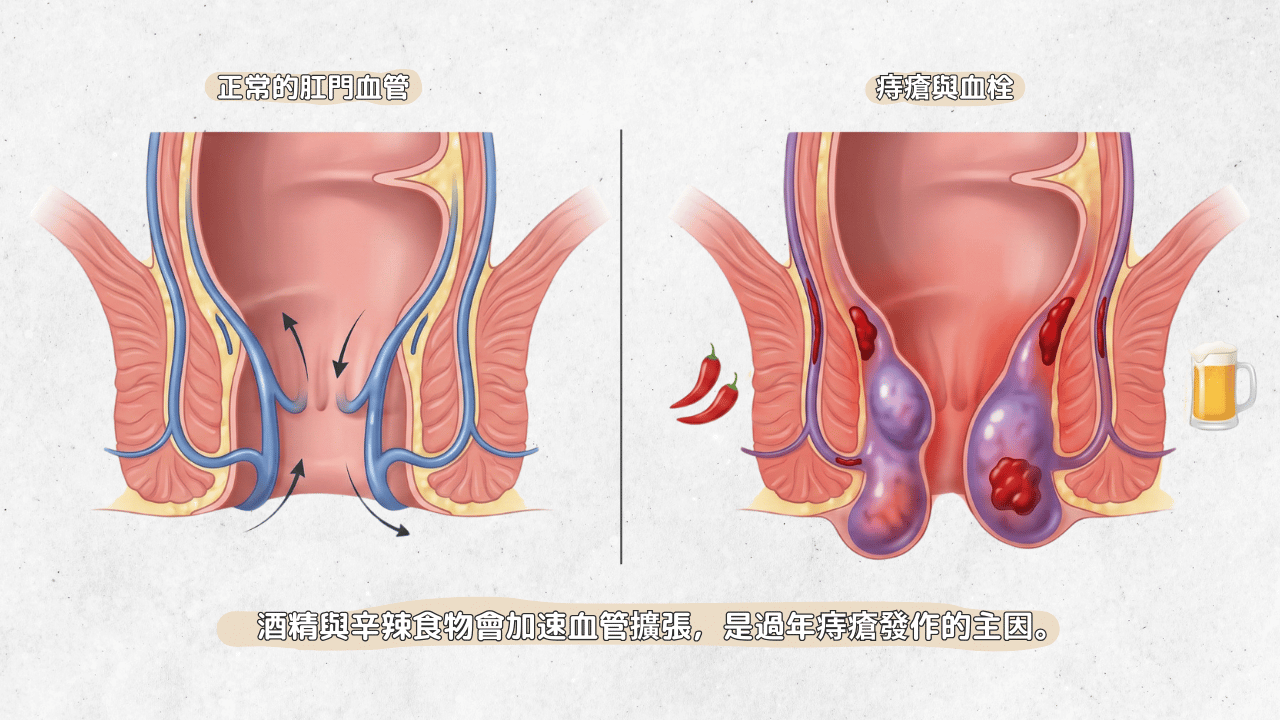 ● 酒精與久坐導致肛門靜脈充血形成血栓性外痔
