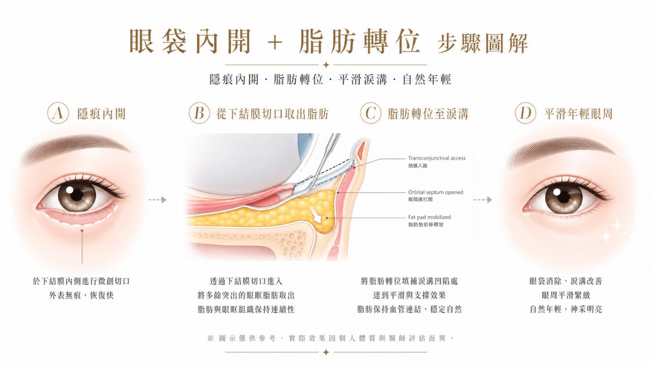 眼袋內開脂肪轉位手術步驟示意圖