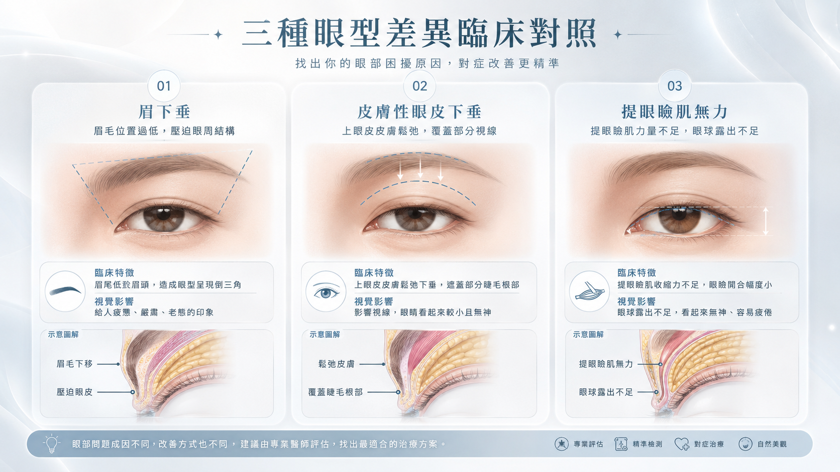 造成眼神無神、眼睛顯老的原因,眉毛下垂(Brow Ptosis)是眉毛位置下沉壓低外眼角,形成典型的「倒三角眼」疲態外觀,問題根源在眉毛而非眼皮。皮膚性眼皮下垂(Dermatochalasis)是上眼皮皮膚鬆弛堆積,直接遮蓋原有雙眼皮甚至黑眼珠,根源在眼皮皮膚本身。提眼瞼肌功能不足(Levator Ptosis)是負責撐開眼睛的核心肌肉功能衰退,即使皮膚去除後眼睛仍然張不大,問題在眼瞼內的肌肉。