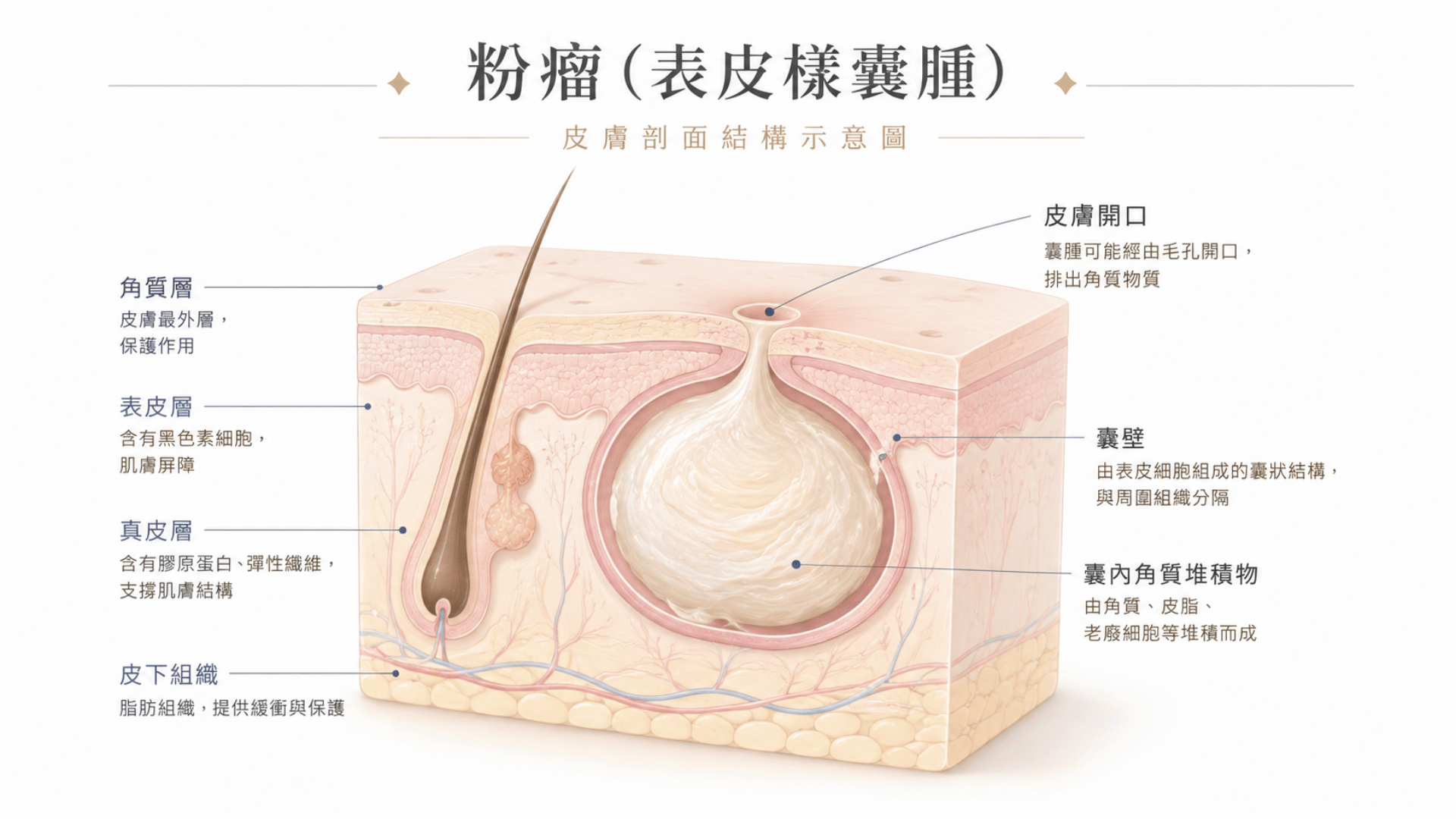 粉瘤(表皮樣囊腫)皮膚剖面結構示意圖