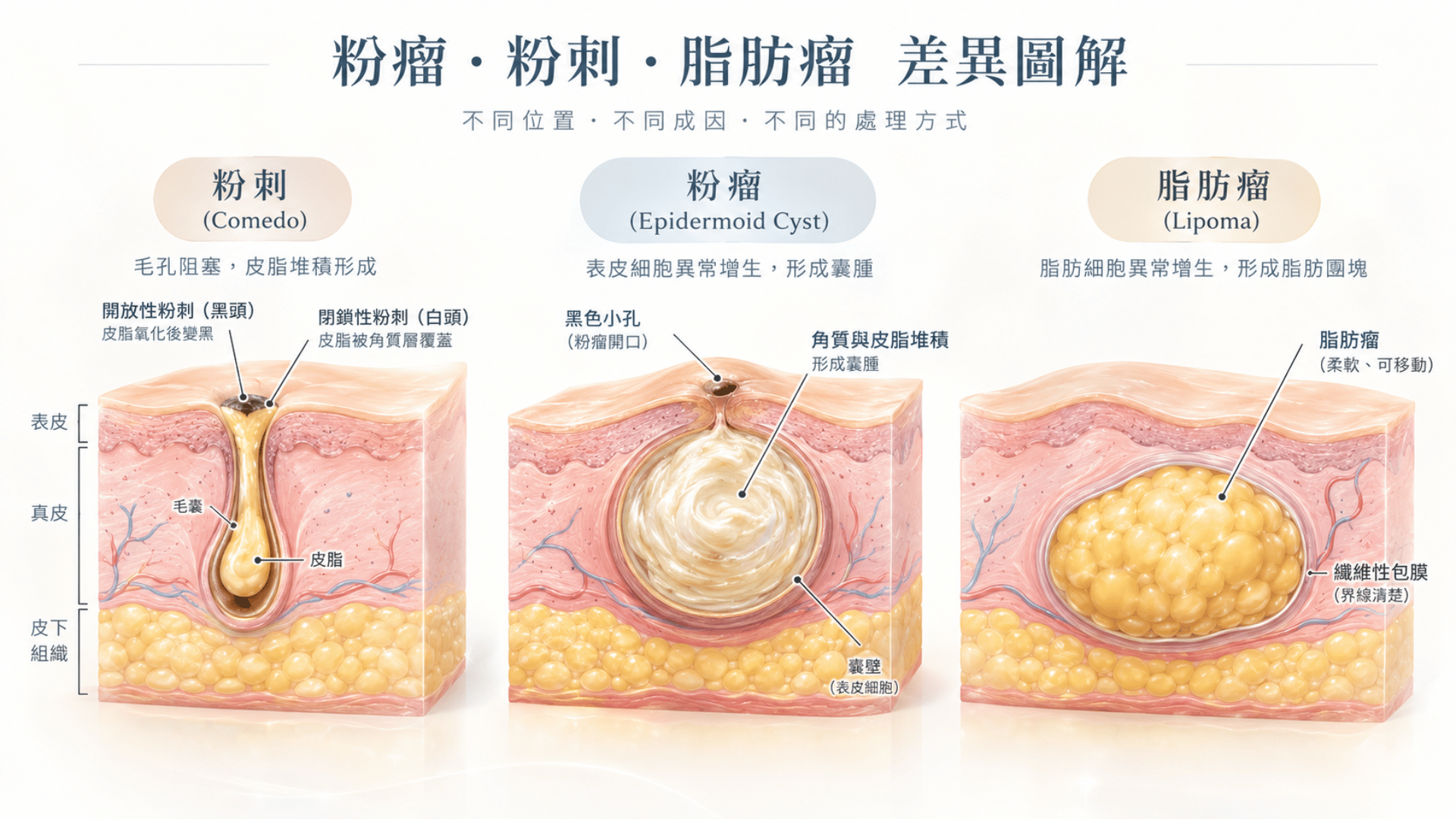 粉瘤、粉刺、脂肪瘤有什麼不同?