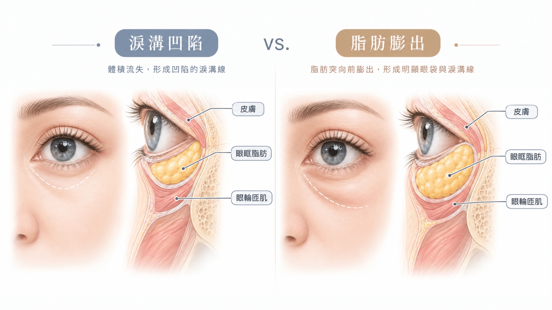 淚溝結構示意圖比較單純凹陷型與脂肪突出型眼袋差異