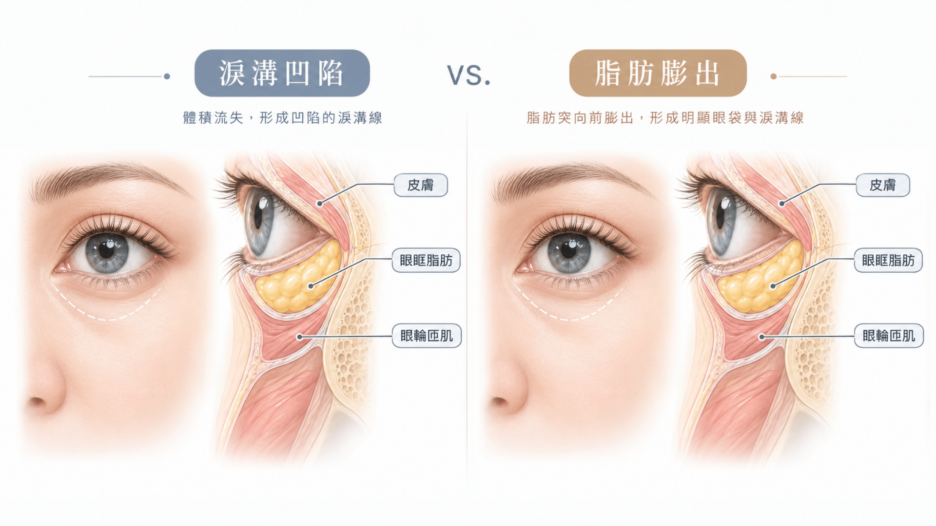 淚溝結構示意圖比較單純凹陷型與脂肪突出型眼袋差異